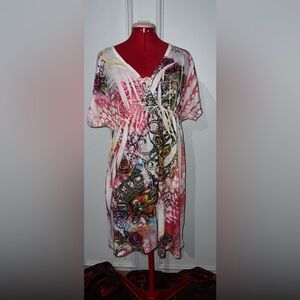 Mi Manchi Vibrant Multicolor Floral & Tattoo Print Tunic Dress 2XL Rose Crown